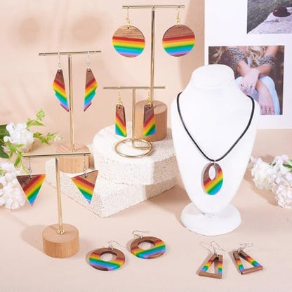 Elecrelive 7 Pairs Rainbow Wooden Dangle Earrings Kit Stripe Wood Charms with Earring Hooks Triangle Teardrop Wood Earring Pendants Resin Wood Charms for Jewelry Craft Making - Image 4