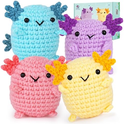 Crochetta Crochet Kit for Beginners, Crochet Starter Kit w Step-by-Step Video Tutorials, Beginner Crochet Kit for Adults Kids Women Men Complete Kit Included (4 Mini Axolotls) by Crochetta