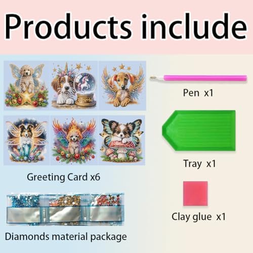 C'eitura Dog Diamond Art Painting Greeting Cards 6Pcs,5D DIY Rhinestone Greeting Card Kit with Fairy Puppy Angel Wings Unicorn Mushroom and Christmas Designs, Handmade Cards for Birthday Holiday Gifts - Image 6