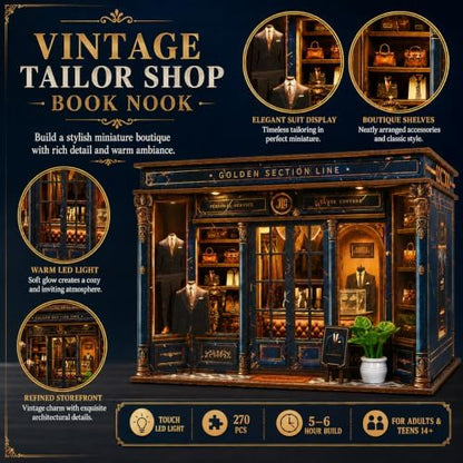 Vintage Tailor Shop Book Nook Kit for Adults, Wooden Puzzle with LED Light - Image 5