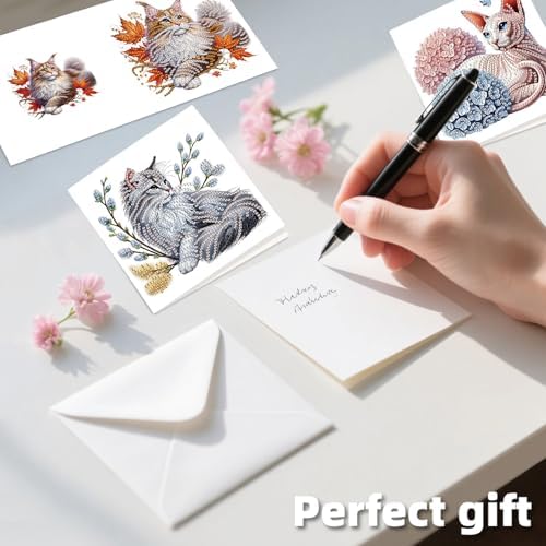jinglinhh 12pcs Sphynx Cat Diamond Art Painting Kitten in the Flower Garden Greeting Cards with Envelopes, DIY Card Making Kits for Adults, Diamond Art Christmas Birthday Holiday cards Craft Gifts - Image 6