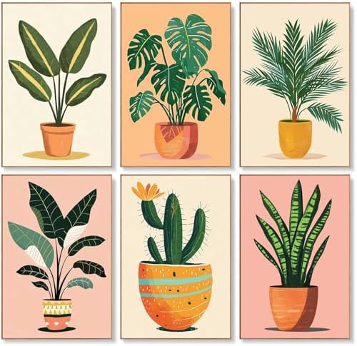 6 Pack Paint by Numbers Kit for Adults, Potted Green Plant, 8x12 Inch by Offito