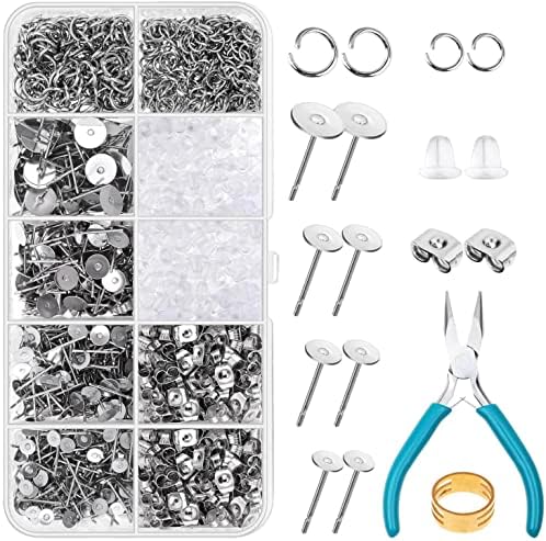 Caffox Hypoallergenic Earring Posts and Backs, 1800pcs Stainless Steel Stud Earring Kit with Earring Base Studs, Earring Backs and Jump Rings for Clay, Resin, Pearls, Jewelry Making and Crafting by Caffox