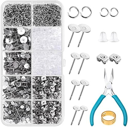 Caffox Hypoallergenic Earring Posts and Backs, 1800pcs Stainless Steel Stud Earring Kit with Earring Base Studs, Earring Backs and Jump Rings for Clay, Resin, Pearls, Jewelry Making and Crafting by Caffox