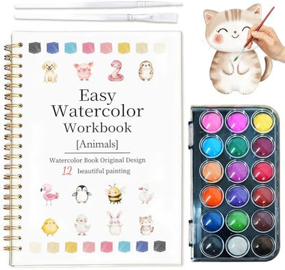 Easy Watercolor Workbook for Beginners - 12 Beautiful Step-by-Step Paintings Water Coloring Book, Includes 18 Water Colors, Relaxing Art Projects and Creative Gift for Adults & Teen (Animals) by Yangmics+Direct