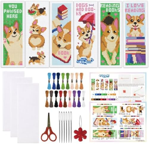 ORIGACH 6 Set Cute Dog & Book Cross Stitch Bookmark Kit for Beginner by ORIGACH