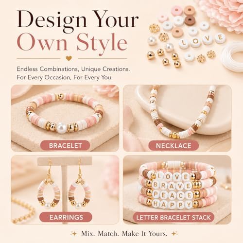 Believo Polymer Clay Beads Kit for DIY Jewelry with Elastic Cord, Colorful Flat Heishi Beads and Spacer Pieces – Ideal for Friendship Bracelet & Necklace Making (Camel Pink White 24) - Image 3