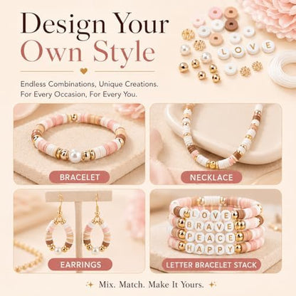 Believo Polymer Clay Beads Kit for DIY Jewelry with Elastic Cord, Colorful Flat Heishi Beads and Spacer Pieces – Ideal for Friendship Bracelet & Necklace Making (Camel Pink White 24) - Image 3