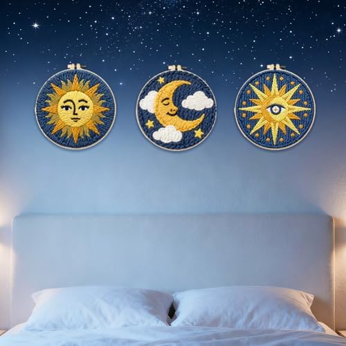 INFUNLY 3 Set Sun Moon Punch Needle Kits for Beginner Adult Star DIY Punch Needle Embroidery Starter Kit for Wall Hanging Evil Eye Needles Stitching Kit with Instruction for DIY Crafts Gift Home Decor - Image 5