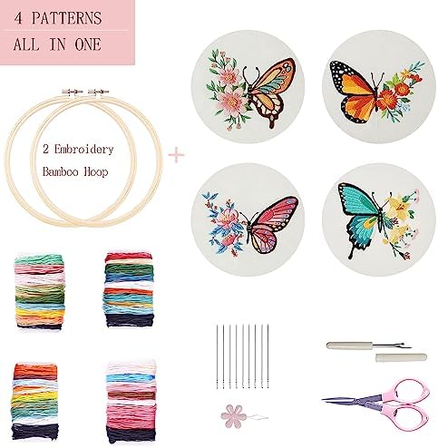 Bonroy 4 Sets Embroidery Kit for Beginners,Embroidery Art Craft Handy Sewing Include Clothes with Pattern,Embroidery Hoops, Instructions,Color Threads Needle (Butterfly) (CX-55) - Image 2