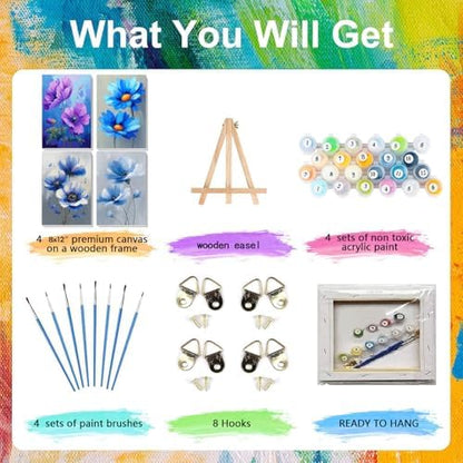 4 Pack Flower Paint by Numbers for Adults with Framed Canvas - Wooden Easel - Image 4