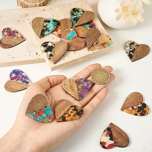FASHEWELRY 16pc Heart Resin Wood Earrings & Charms - Gold Foil Wooden Earring Blanks & Findings for Jewelry Making - Image 6