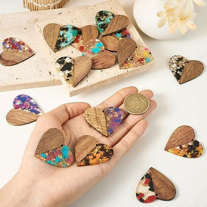 FASHEWELRY 16pc Heart Resin Wood Earrings & Charms - Gold Foil Wooden Earring Blanks & Findings for Jewelry Making - Image 6
