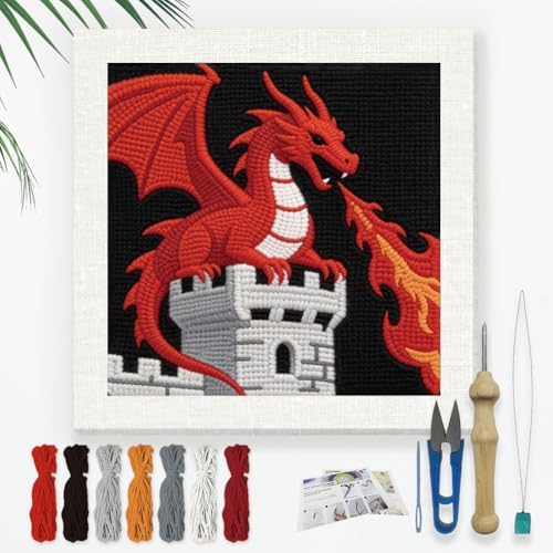 DOODLREAM Red Fire Dragon Needle Kit for Beginner, 9.4"x 9.4" Medieval Castle Punch Stitching Craft Set, DIY Embroidery Starter with Printed Frame, Instruction, Threader, Yarn, Punch Needle by Doodlream