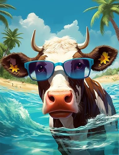 Paint by Numbers Kit for Adults, Beach Cow DIY Acrylic Canvas Painting Set by Offito