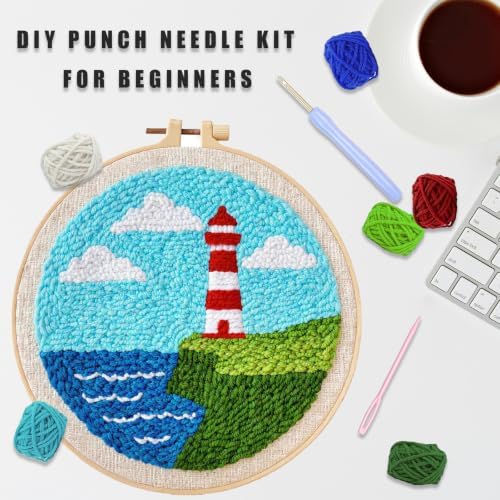 DIY Punch Needle Kit for Beginners, All-in-One Embroidery Starter Set for Adults & Teens with Pre-Stamped Fabric, Soft Yarn & Adjustable 7.87IN Hoop for Wall Art & Home Decor Craft (Light House) - Image 2
