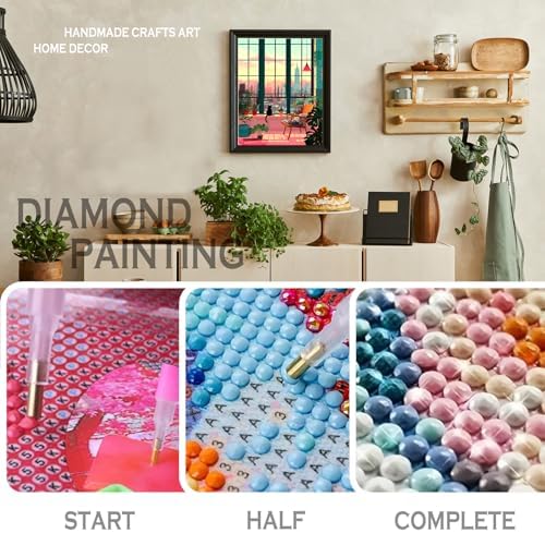 sdfkmlcdl Cozy New York City Black Cat Diamond Art Kits for Adults, Maximalist Tropical Window Kitty Full Drill Diamond Painting Kits for Adults Beginners, Cat Lover Gifts, 9.8x11.8 Inch - Image 4