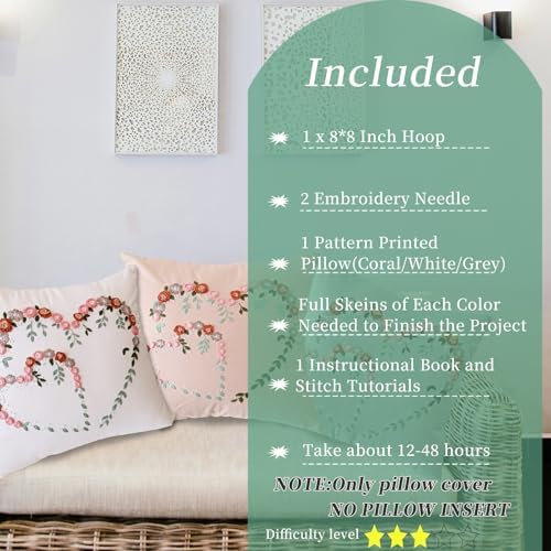 FONNUY Crewel Pillow Case Embroidery Kit, Heart Shaped Loving You Floral Stamped Pattern Kits for Audlt Beginners, Works Crafts Throw Pillow Cover Great Gift for Loved Ones, 18 x 18'' (Beige) - Image 5