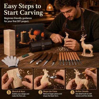 26Pcs Deluxe Wood Carving Kit, Whittling Knife Set with Leather Storage Case, Basswood Blocks & Safety Gloves, Woodworking Tools for Beginners Adults Kids, DIY Craft Gift for Men Teens - Image 6