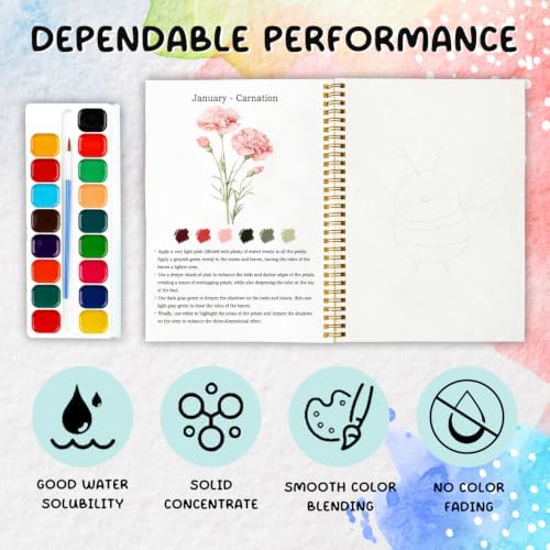 12 Months of Flowers Watercolor Set, Birth Flower Painting Book, DIY Art Kit for Beginners, Relaxing Floral Gift for Women & Adults, Stress Relief Watercolor Workbook - Image 3