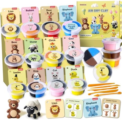 Air Dry Clay Kit for Kids, Animal Modeling Clay, DIY Model Magic with Sculpting Tools and Tutorial Cards by ESSENSON