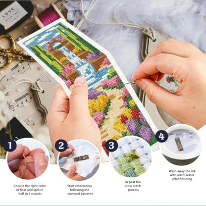 INFUNLY 6 Set Colorful Garden DIY Cross Stitch Bookmark Kits for Adults Rose Sunflower Counted Cross Stitch Kit with Instruction Flowers Stamped Embroidery Bookmark Kit for Book Lovers Readers Gift - Image 4
