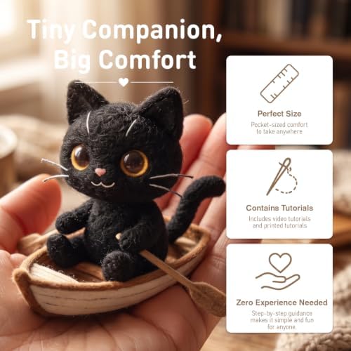 DIY Needle Felting Kit Black Cat in Rowing Boat – Needle Felting Starter Kit with Fiber Roving, Needles, Felting Pad & Instructions | Felted Cat Kit for Beginners Adults | Unique DIY Craft Gift - Image 5