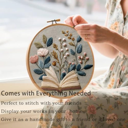 FONNUY Embroidery Kit for Beginners, Flower Book Pre-Stamped Pattern Kits for Adults with Hoop, Cross Stitch Easy to Follow Color Thread Needlework, 8'' Hoop (Brown) - Image 4