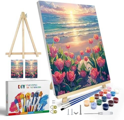 JOOZ Paint by Numbers Kit for Adults with Frame, Flowers Paint by Numbers for Adults, Seaside Sunset Paint by Number with Easel, DIY Tulip Oil Painting Kit for Home Wall Decor 8 x 12 Inch by Jooz