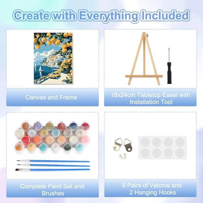 TOSTOG Lemon Tree Town Framed Canvas Paint by Numbers Art Kit for Adults and Kids, Beginner Acrylic Oil Painting Supplies with Wooden Frame for Home Wall Decor 20 * 30 cm/8 * 11.8 in - Image 5