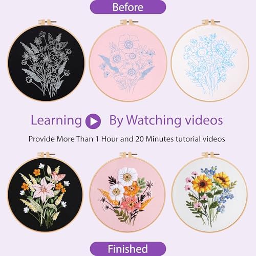 Uniartfy 3 Sets Embroidery Kit for Adults, Flower Pattern Embroidery Practice Kits for Beginners, Needlepoint Cross Stitch Kits Include Hoop, Colorful Threads, Tools, Easy to Learn Video & Instruction - Image 4
