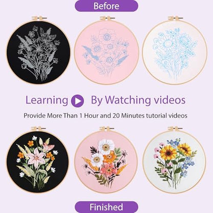 Uniartfy 3 Sets Embroidery Kit for Adults, Flower Pattern Embroidery Practice Kits for Beginners, Needlepoint Cross Stitch Kits Include Hoop, Colorful Threads, Tools, Easy to Learn Video & Instruction - Image 4