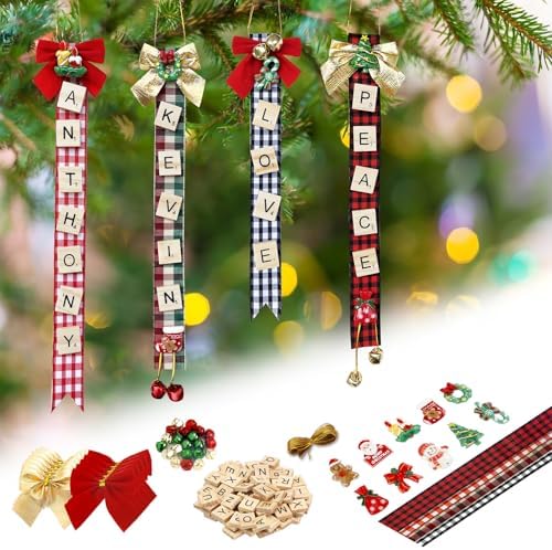Christmas Ornaments Tree Decorations Personalized Crafts for Adults Kit DIY Ribbon Letter Tiles Bells Rustic Stockings Name Tags Hanging Xmas Decor for Gifts Wreath Holiday(Plaid) by Leyzan