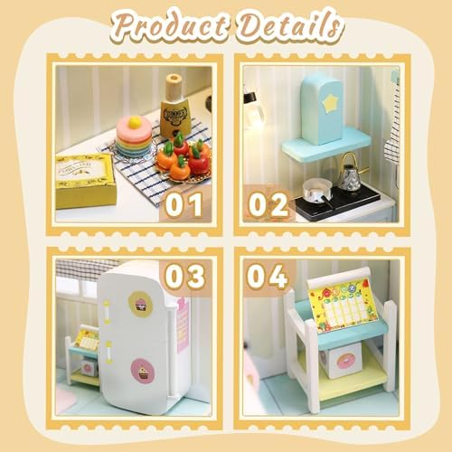 Kisoy Dollhouse Miniature with Furniture Kit, DIY 3D Wooden DIY House Kit A Corner of a Small Apartment Style with Dust Cover & LED,Handmade Tiny House Toys for Kids Adults Gift (Kitchen) - Image 4