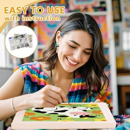 Doodlream Cow Flower Needle Kit for Beginner, 9.4"x 9.4" Cartoon Animal Punch Stitching Craft Set, Color DIY Embroidery Starter with Printed Frame, Instruction, Threader, Yarn, Pinch Needle - Image 3