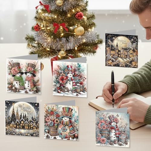 jinglinhh 12pcs Diamond Art Painting Christmas Snowman Village Greeting Cards with Envelopes, DIY Card Making Kits for Adults, Diamond Art Christmas Cards for Holiday Gifts - Image 5