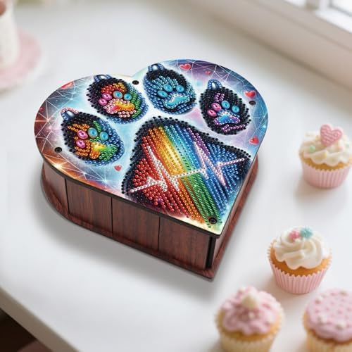 DIY Diamond Painting Storage Box Kit, Heart-Shaped Wooden Special Shaped Diamond Art Organizer for Small Accessories or Jewelry, Decorative Gift Case for Desktop Display (Rainbow Paw) - Image 5