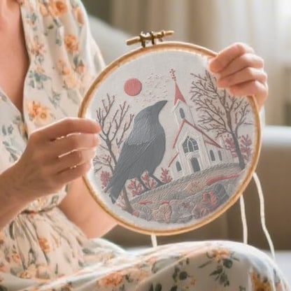 FONNUY Embroidery Kit, Featuring Crow and Landscape Patterns, Cross Stitch Kits for Both Adults and Beginners, Handmade Crafts Printed Pattern Set, Color Thread Needlework, 8'' Hoop (Clever Bird) - Image 4