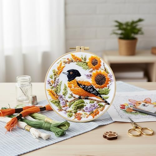 FRANDEK DIY Sunflower Bird Stamped Embroidery Kit with Hoop for Adults - Image 4