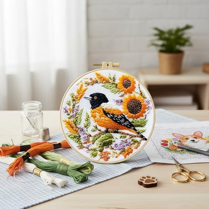 FRANDEK DIY Sunflower Bird Stamped Embroidery Kit with Hoop for Adults - Image 4