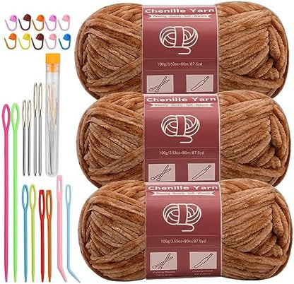LUNARM Chenille Yarn 3 Pack 3.5oz Chunky Blanket Velvet Yarn 263 Yard by Lunarm