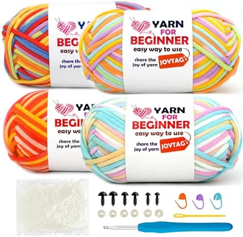 4 Pack Rainbow Beginner Crochet Yarn for Crocheting Knitting Multicolor Cotton Blend Yarn for Beginners with Easy-to-See Stitches by JOYTAG