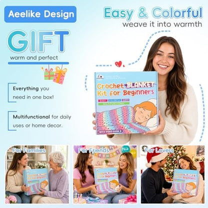 Aeelike Crochet Blanket Kit for Beginners, Easy Blanket Crochet Kits, Blue - Image 6