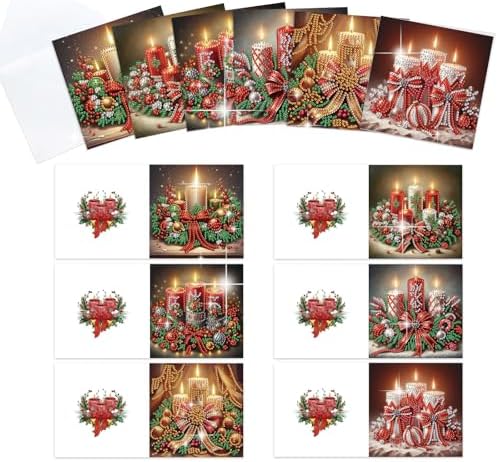 MVVMTOP 6pcs Christmas Diamond Painting Greeting Card with envelopes, DIY Candle Diamond Art Greeting Card for Blessing and Wish Special Shaped Arts Crafts for Birthday Thanksgiving Day Holiday by MVVMTOP