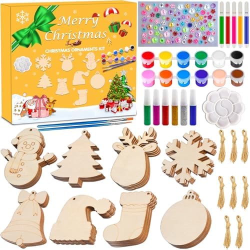 Christmas Craft Painting Kits, 48pcs Wooden Christmas Ornaments, Unfinished Paintable Blank Wood Slice with 8 Styles & Crafts Making Supplies, DIY Xmas Tree Decor Art Activity for Family Fun by Unknown