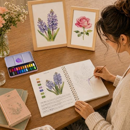 Watercolor Workbook - Water Coloring Book Set for Adults. 14 Beautiful Flower Designs Water Colors Book, 24-Color Watercolor Paint, 3 Brush Pens, 300g Watercolor Paper, Friendly for Beginners - Image 6