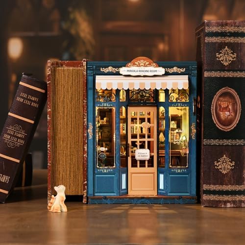 Book Nook Kit, DIY Miniature House Kit for Adults & Teens, Vintage Bookstore Scene Bookshelf Insert Decor with LED, 3D Wooden Puzzle Gift for Book Lovers (Pergola Reading Room) - Image 2