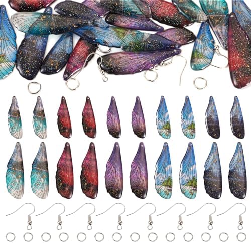 FASHEWELRY 20Pcs Resin Butterfly Wing Charms Transparent Insects Wing Charms 5 Colors Dragonfly Wing Pendants with Jump Rings Earring Hooks for Crafts Jewelry Making by FASHEWELRY