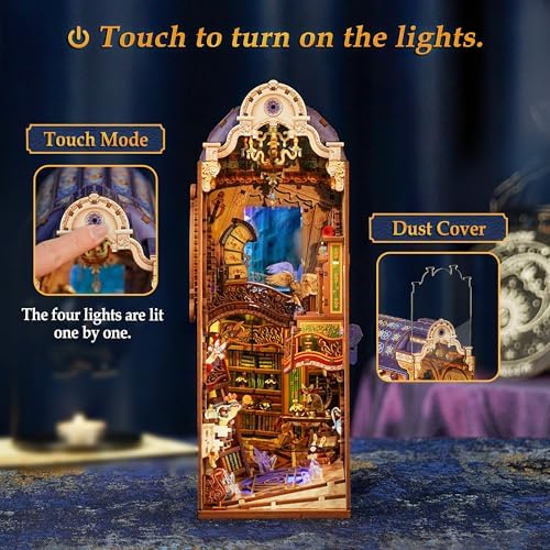 Tonecheer DIY Book Nook Kit for Adults, 3D Wooden Puzzle Bookend Miniature House Kit, Booknook Bookshelf Insert Decor with Dust Cover and LED Lights Gifts (Magical Library) - Image 6