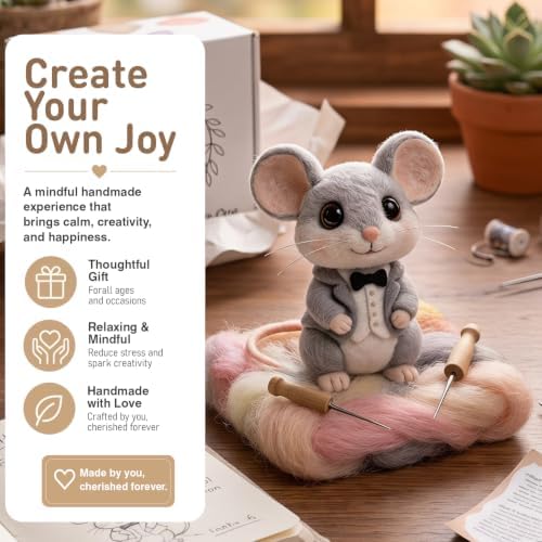 DIY Needle Felting Kit Cute Gentleman Mouse in Tuxedo – Needle Felting Starter Kit with Fiber Roving, Needles, Felting Pad & Instructions | Felted Character Animal Kit for Beginners Adults - Image 2
